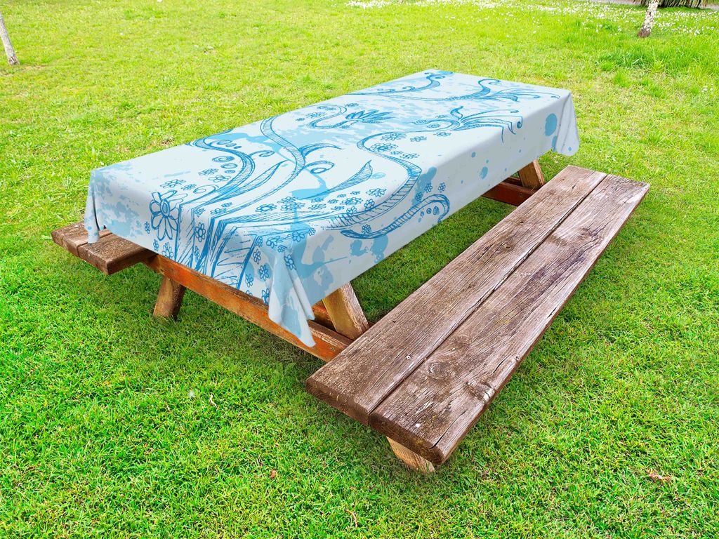 ABAKUHAUS Blumenkunst Tischdecke Outdoor, Monochromatische Stil Hand Sketched Blume Zusammensetzung auf Grunge Hintergrund, Baby blau, 145x305cm