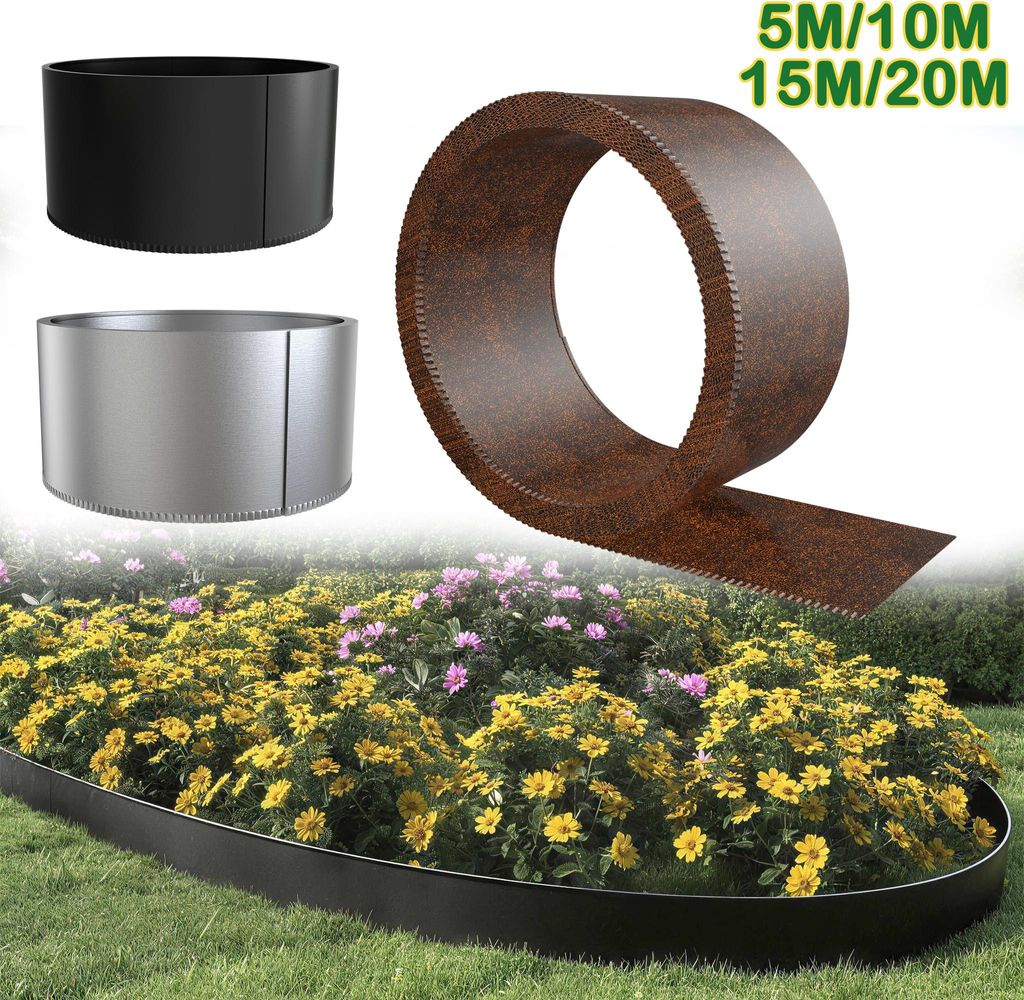 YRHome 10m Schwarz Beeteinfassung Verzinkter Stahl, Rasenkante 15cm, Mähkante mit Anti-Schnitt-Schutz, Verzahnte Bodenhalterung, Wetterfest & Rost...