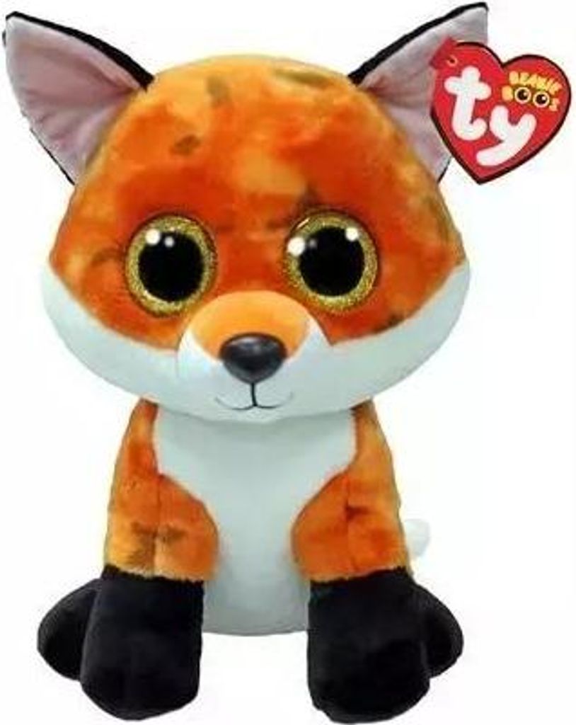 A plush toy fox is shown sitting against a white background. It has large, glittery gold eyes, an orange and white body, and black paws.
