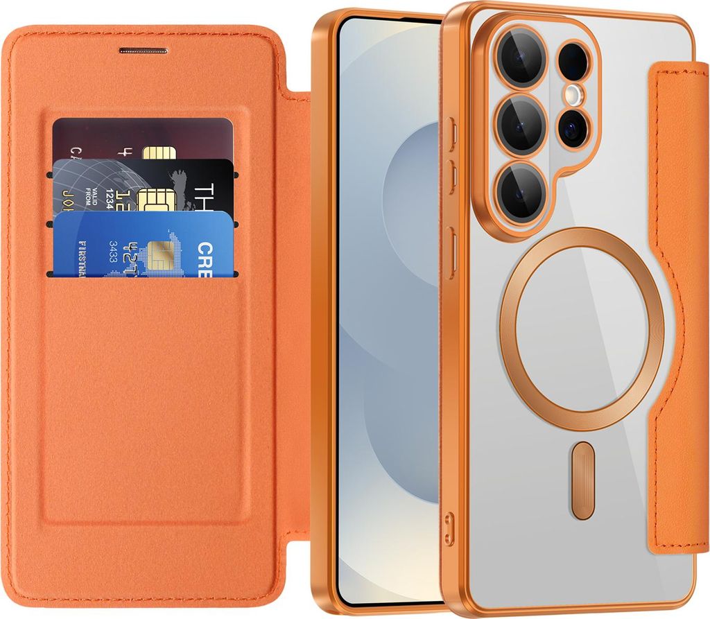 Klapphülle für Samsung Galaxy S26 Ultra Kompatibel mit Magsafe, Klar Überzug Kartenhalter Ledertasche mit Kameraschutz Orange