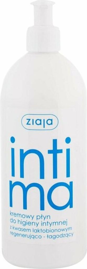 A white bottle of intimate hygiene liquid with a pump dispenser.
