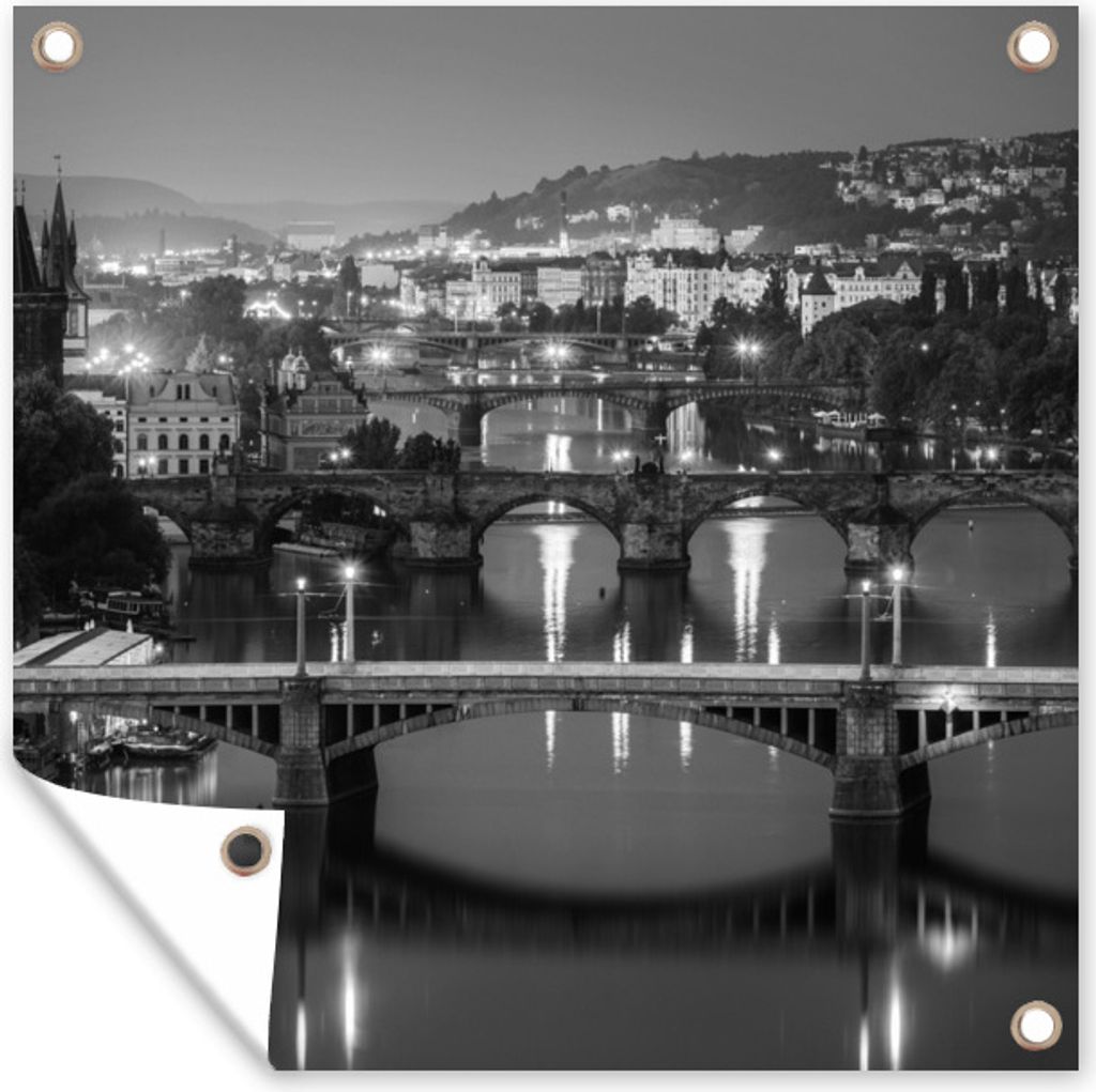 MuchoWow 100x100 cm Outdoor-Poster Gartendeko Sichtschutz Garten Poster für den Garten Prag - Architektur - Schwarz und weiß