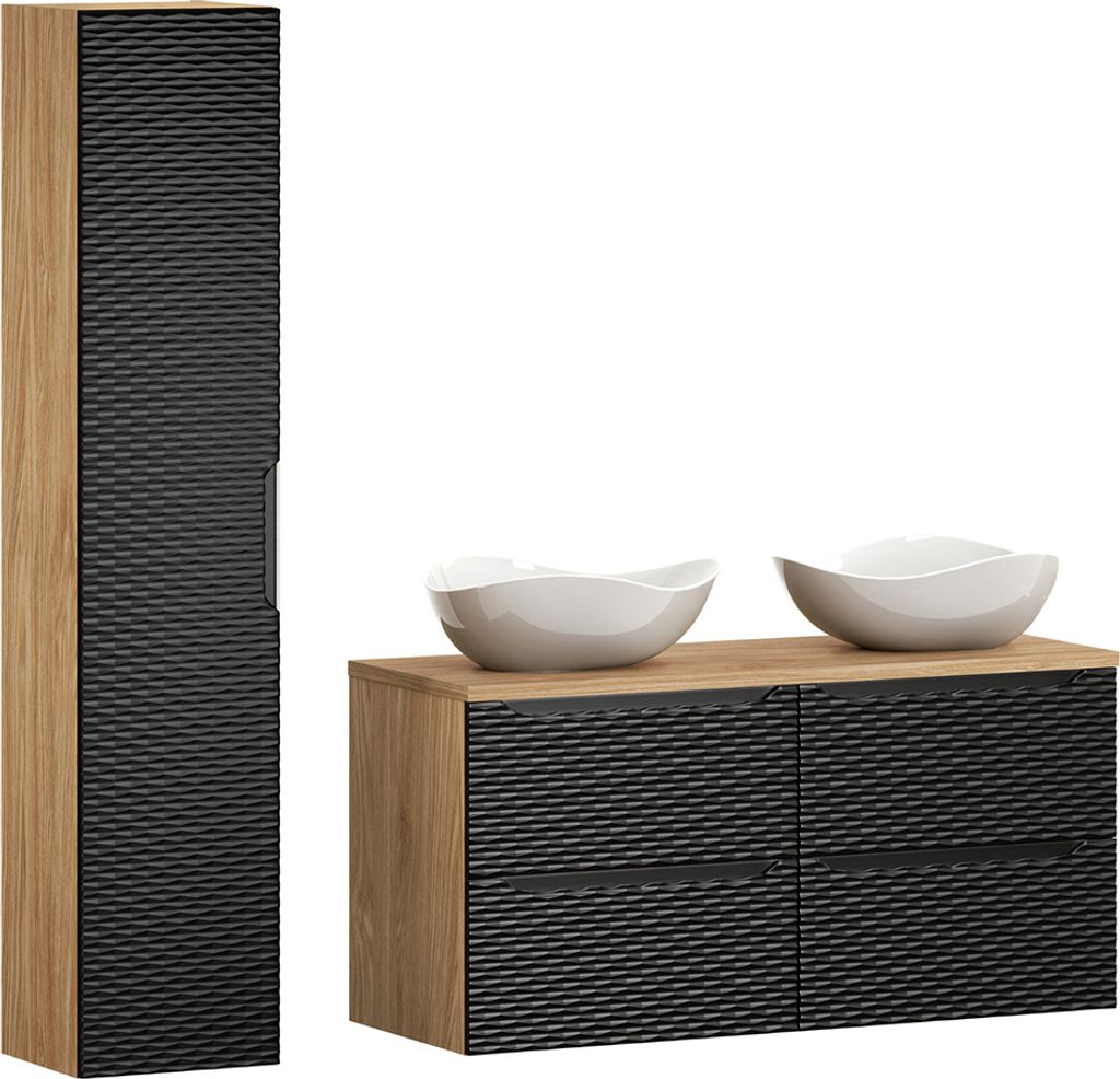 Badmöbel Set 2-teilig mit 120cm Doppelwaschtisch in Eiche mit schwarz OLUO-56-BLACK, Front mit 3D-Struktur in Wellenoptik