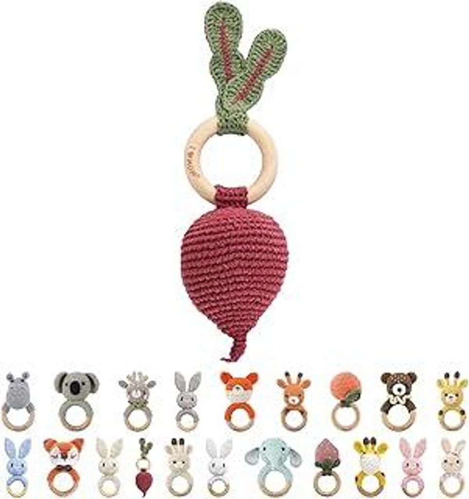 I LOVE MOM Greifling Babyrassel Beißring Gehäkelte Holz Häkeln Tiere Greifling Holz Spielzeug mit Sound Baby Geschenk für Neugeborenes Junge un...