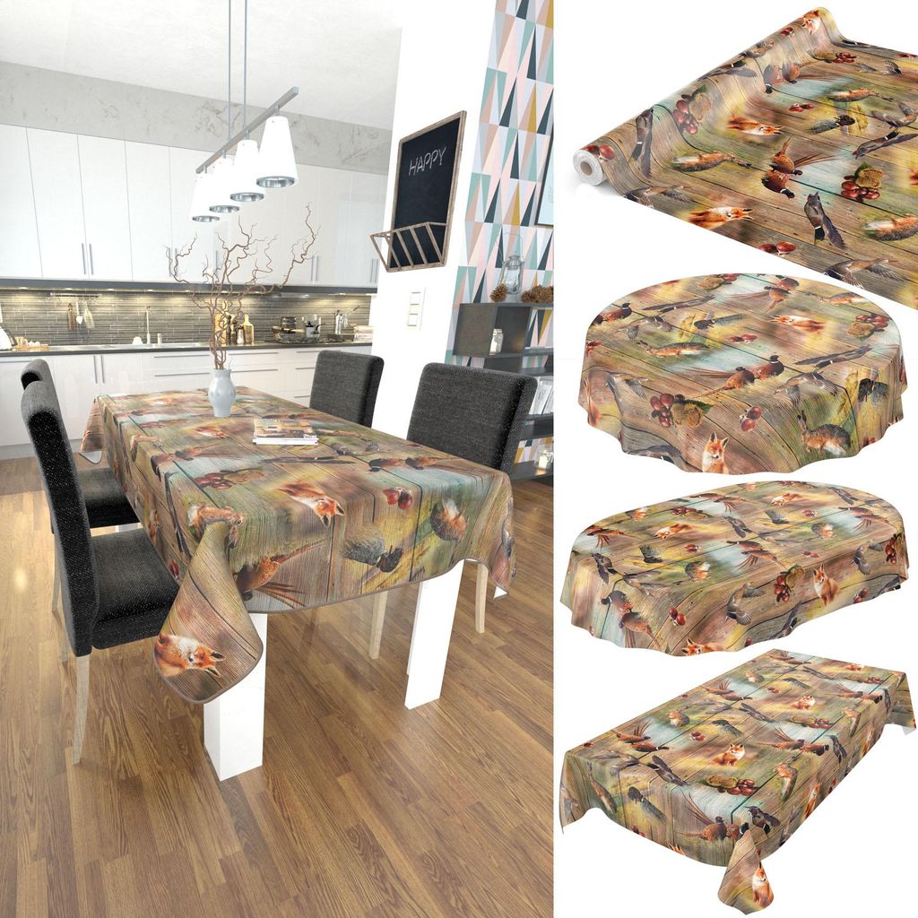 Tischdecke Wachstuch Tieren Braun Robust Wasserabweisend Oval Breite 140 cm Länge 240 cm