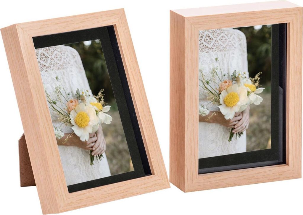 Light Wood 2 Stück 5 x 7" 3D-Schatten-Kasten-Foto-Rahmen-Set - Craft Anzeigen Bilderrahmen mit 4 x 6" Berg - Glas Aperture - helles Holz / Schwarz