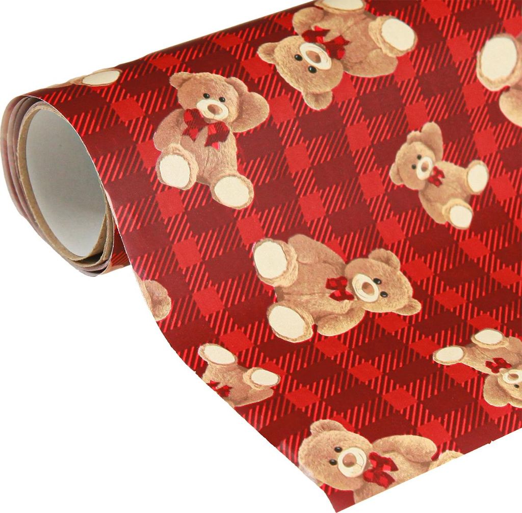 Geschenkpapier Geburtstag mit Teddybär-Motiv und Karodesign