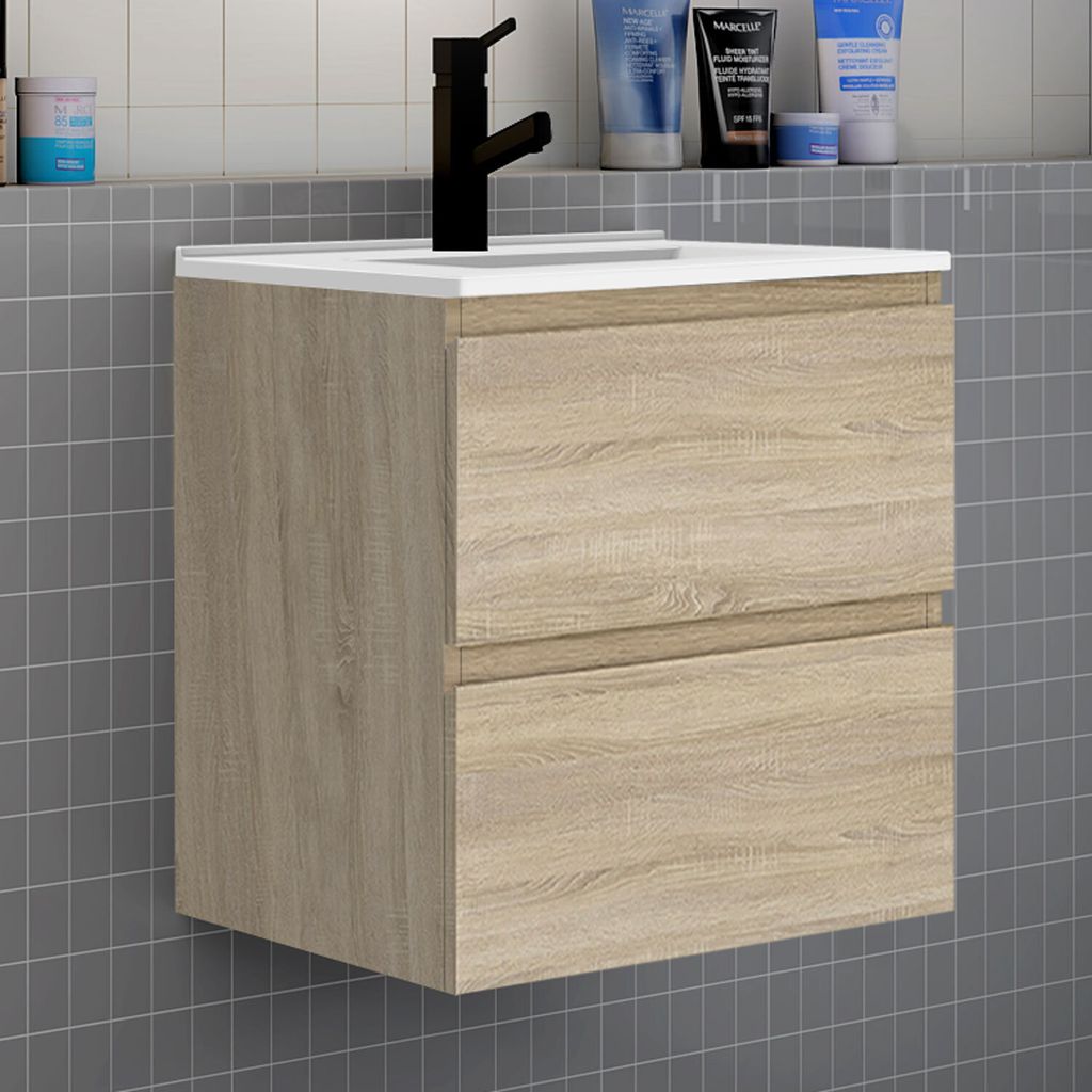 Badezimmermöbel 60cm CINIC-Serie Dünn Keramik Waschtisch mit Unterschrank Hängeschrank Badezimmerschränke mit 2 Schubladen Eiche