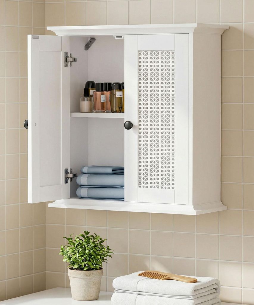 Hängeschrank Badezimmerschrank mit Rattanfront Wandschrank mit Doppeltüren & verstellbarem Einlegeboden, Küchenschrank, Medizinschrank, Weiß
