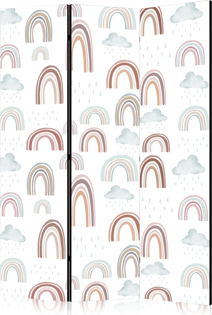 3-teiliger Doppelseitiger Vlies Paravent - Rainbows and Clouds - Rainbows of Various Sizes in Muted Colors Among Rain Clouds in a Pale Blue Shade 1...