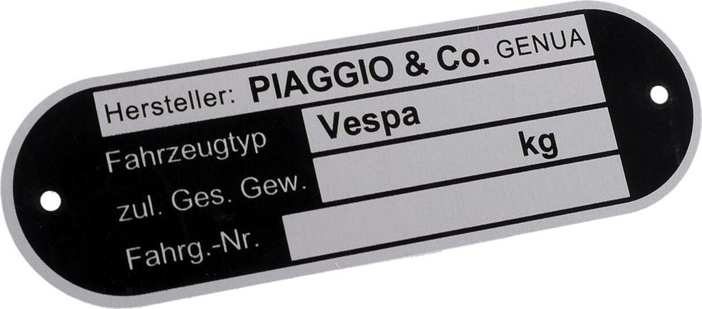 Typenschild 80x25x0,6mm, kompatibel für alle Klassik Vespa Modelle ab Bj. 1967