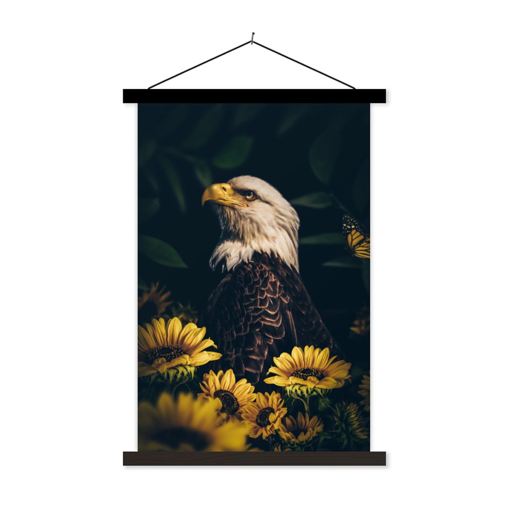 MuchoWow Textilposter Adler - Gelb - Blumen - Botanisch 60x90 cm mit schwarzem Rahmen - Poster Wohnzimmer