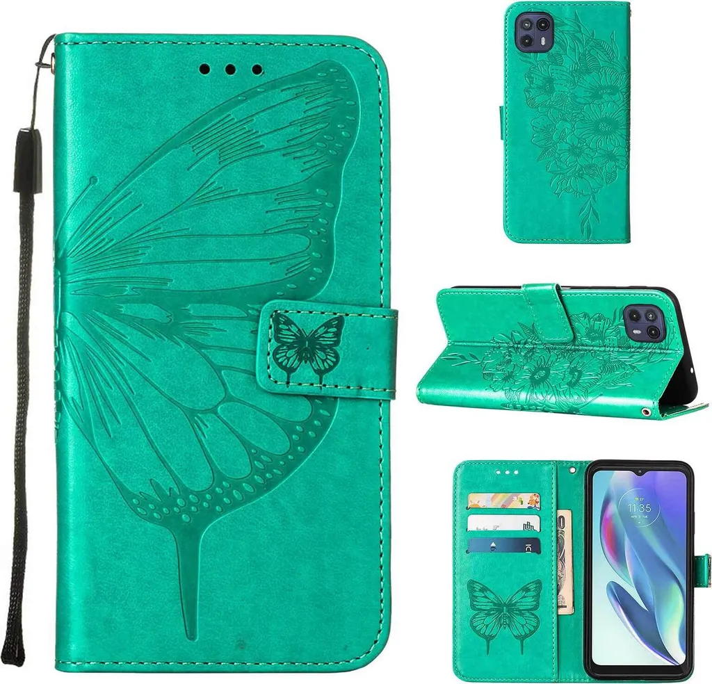 Custodia Moto G50 5G Verde Farfalla in Rilievo - Pelle Premium con Stand