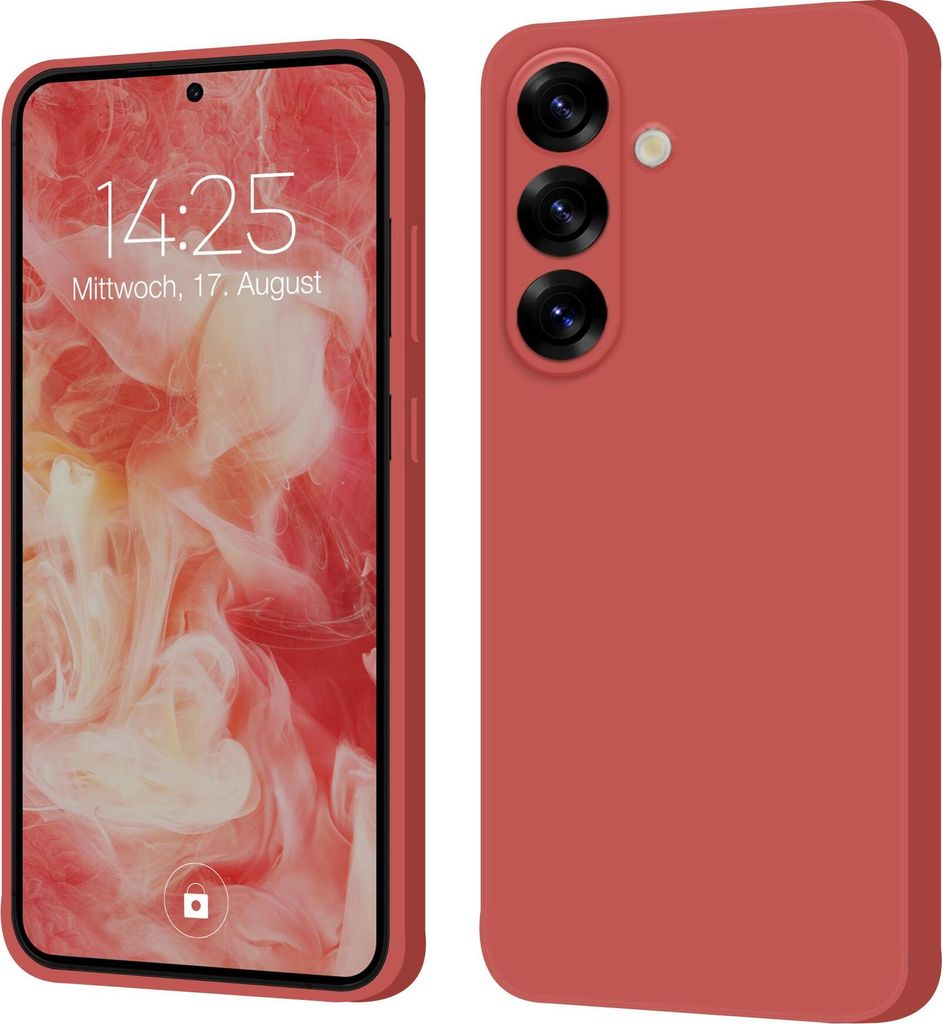 A product shot of a red phone case shown from two angles: one showing the front with the screen on, and the other showing the back with the camera array.