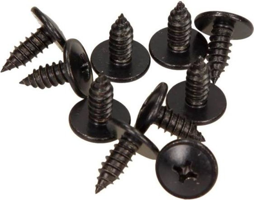 A pile of black screws with wide, flat heads and pointed tips, arranged on a white background.