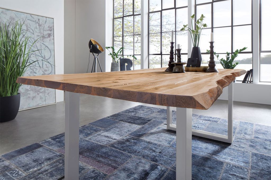 Esstisch Baumkante Akazie eichenfarben 160 x 85 silber NOAH