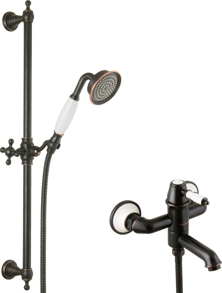 PaulGurkes Nostalgie Wannenarmatur Aufputz Retro schwarz Armatur Duschstange Set