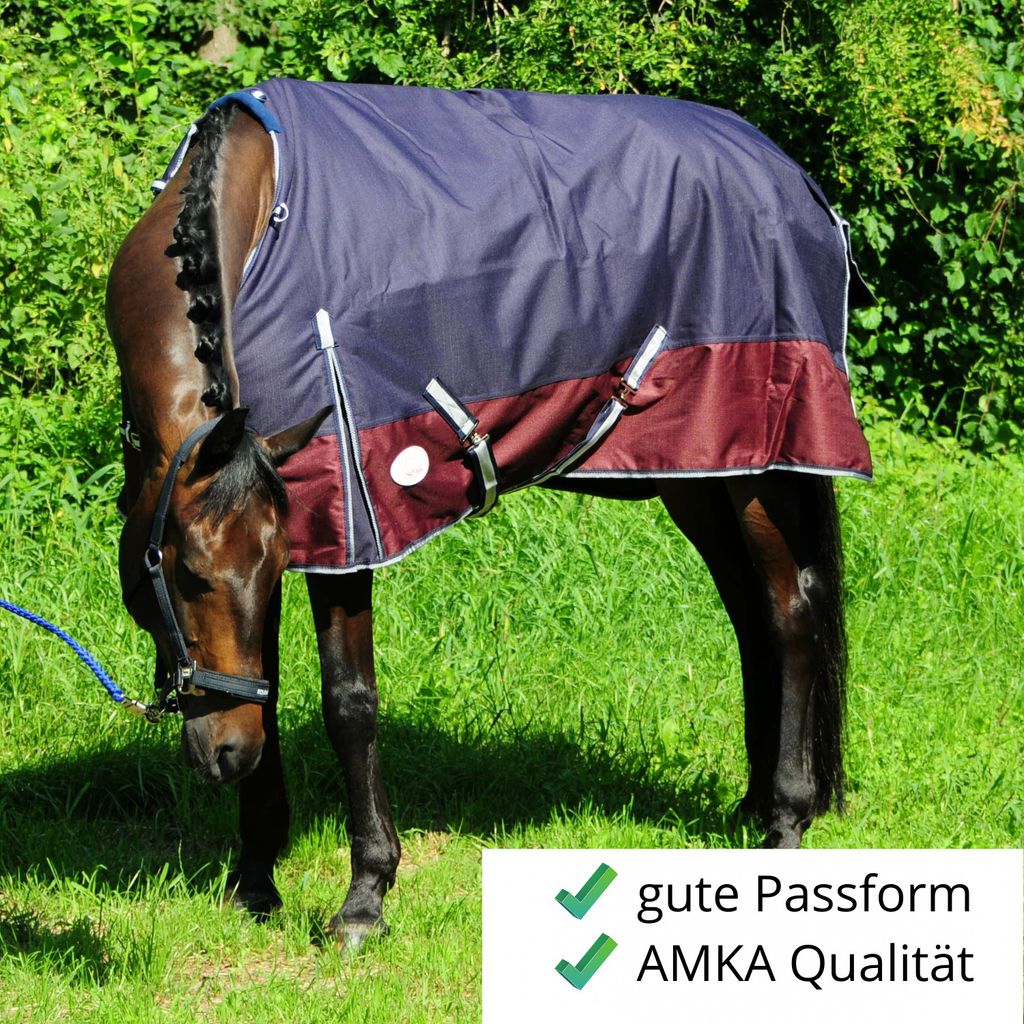 AMKA Pferde Weidedecke Outdoordecke 1200 D 150 g Futter Kreuzgurten Gehfalte, Größe:145