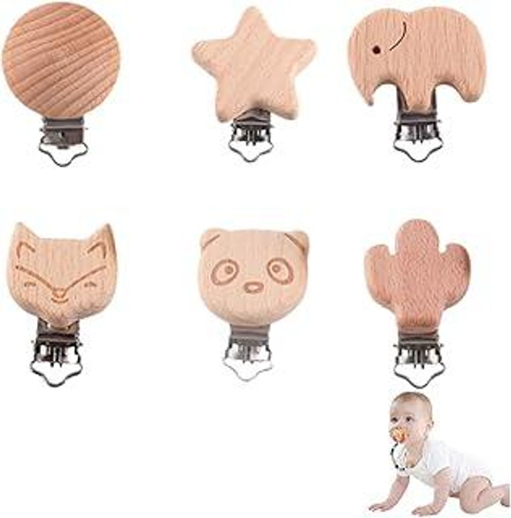 6 Stücke Schadstofffrei Holz Schnullerclip Dummy Clip Halter für Baby und Kind