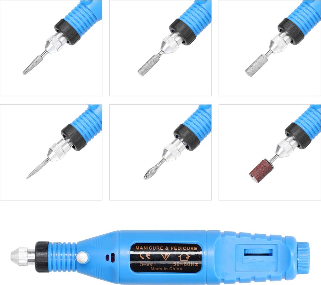 USB-Stromversorgungen Handheld Mini-Elektroschleifer Nagel Gelatum Removing Tool Machine Speed Adjustable Grinding Rotary Tool Kit mit 6 Schleifköpfe