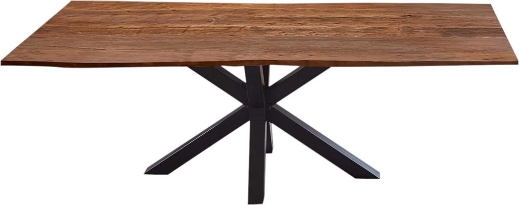 Esszimmertisch 260x100cm Quincy, echte Baumkante, Akazienholz nussbaumfarben, massiver Baumkantentisch mit Spider-Gestell Schwarz