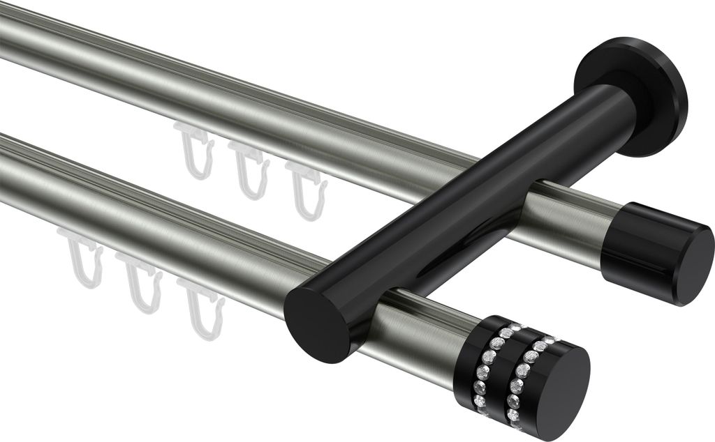 Interdeco Innenlaufstange / Gardinenstange mit Innenlauf Edelstahl-Optik / Schwarz, Typ Platon Estana (Glitzerkappe), 20 mm Ø 2-läufig, 480 cm