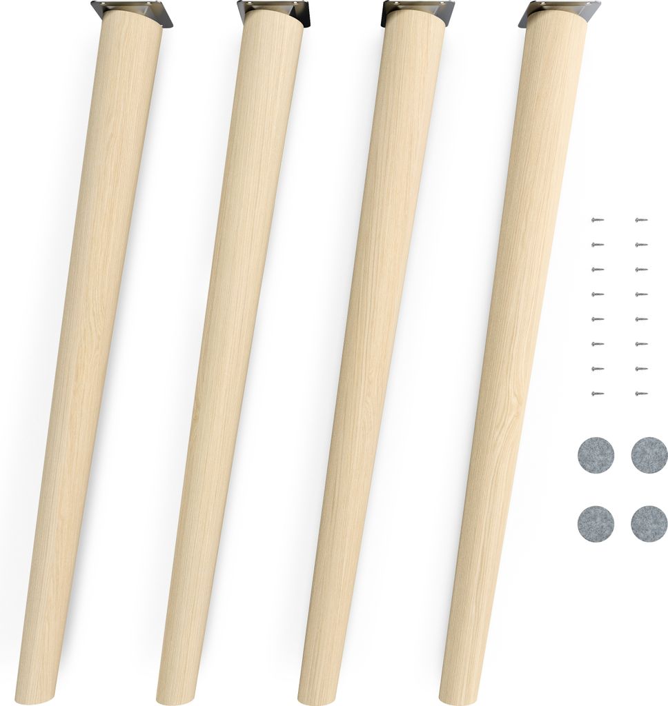 Four wooden furniture legs and hardware are arranged on a white background.
