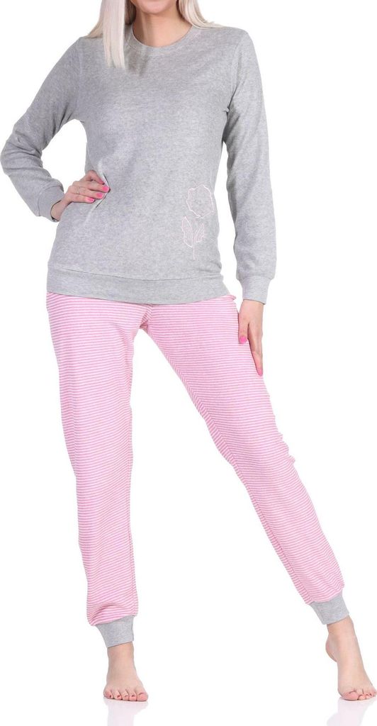 Damen Frottee Schlafanzug lang mit Bündchen und floraler Applikation - auch in Übergröße ; pink , 44