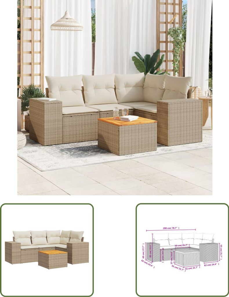 The Living Store 5-tlg. Garten-Sofagarnitur mit Kissen Beige Poly Rattan