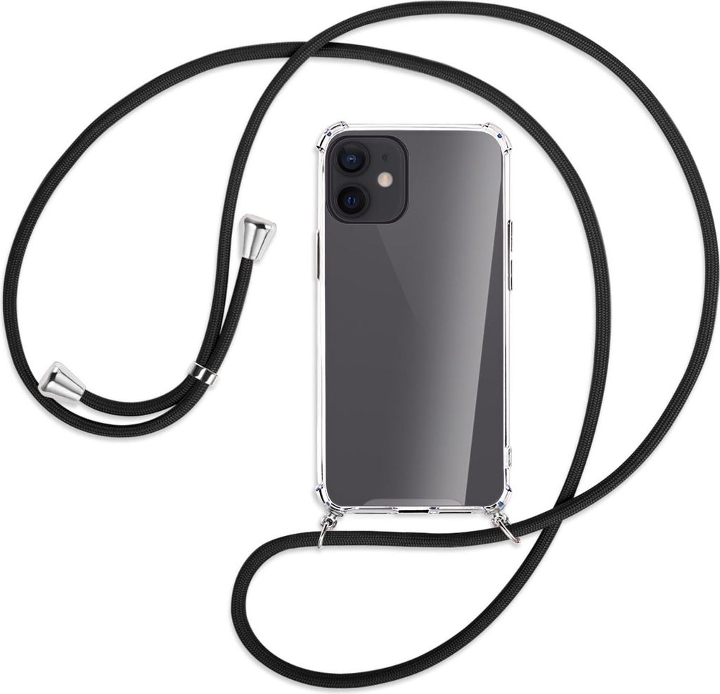 Handykette Backcover-Schutzhülle mit Band (Metall silberfarben) für Apple iPhone 12 Mini - schwarz
