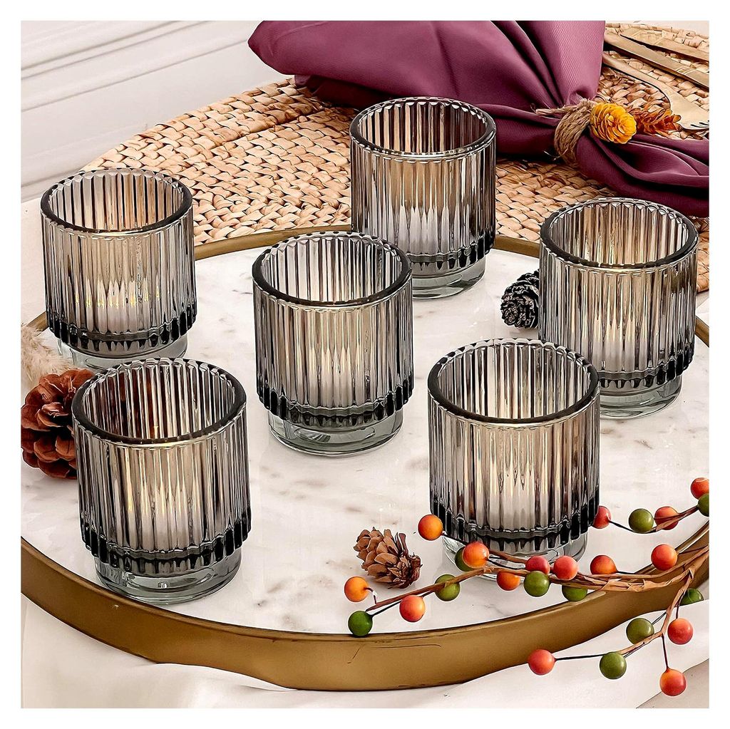 Teelichthalter aus geripptem Glas, 6 Stück, Herbst- und Boho-Dekoration, Regaldekoration, ideales Geschenk für Gastgeber oder zur Heimdekoration