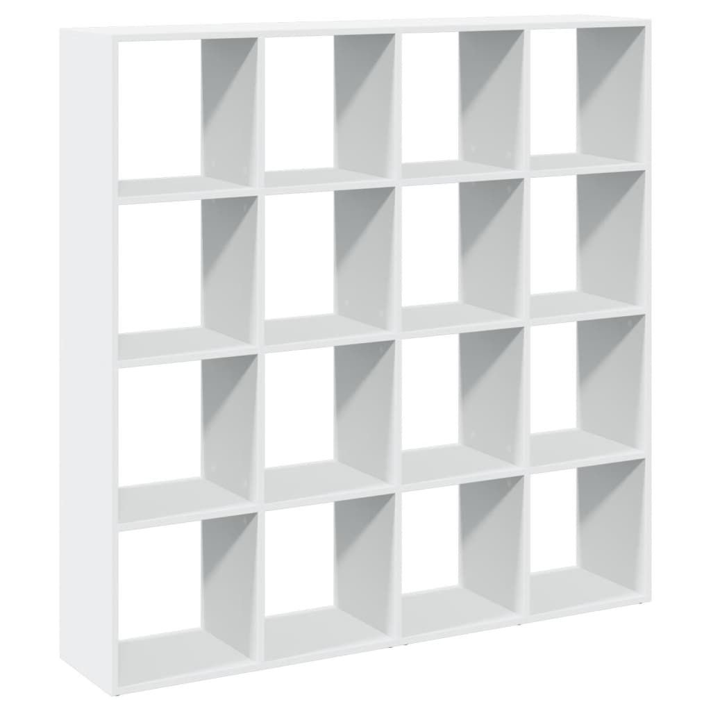 A white, multi-compartment shelving unit against a white background.