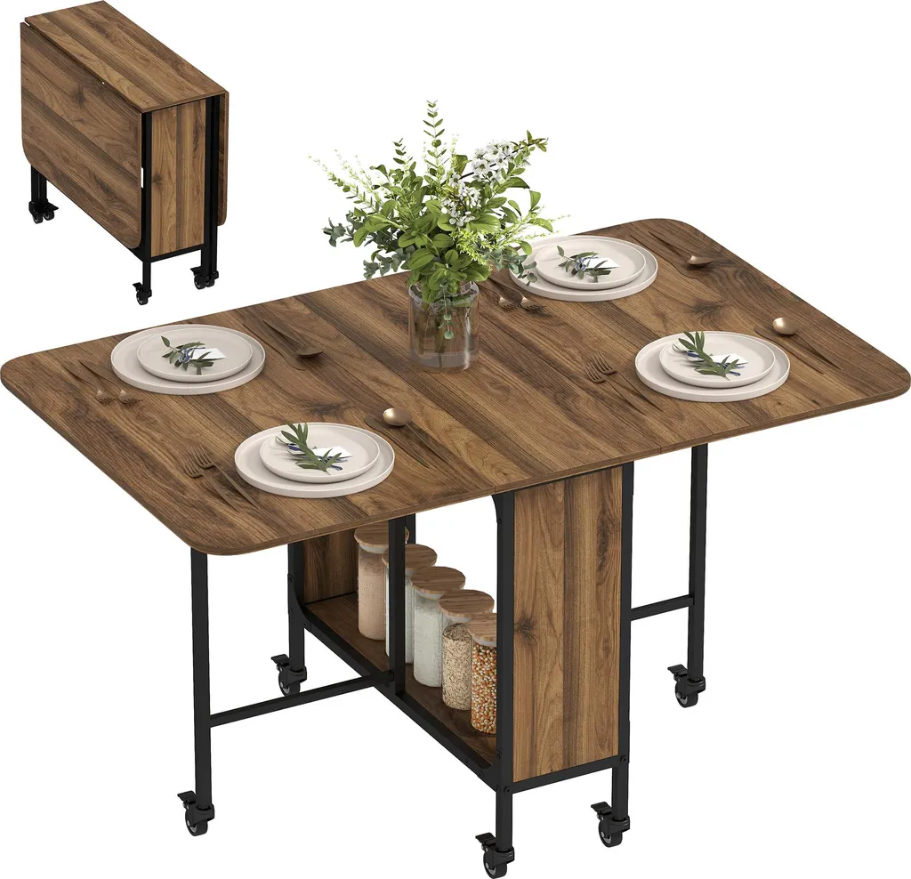 Table pliante mobile gain de place marron avec étagère de rangement