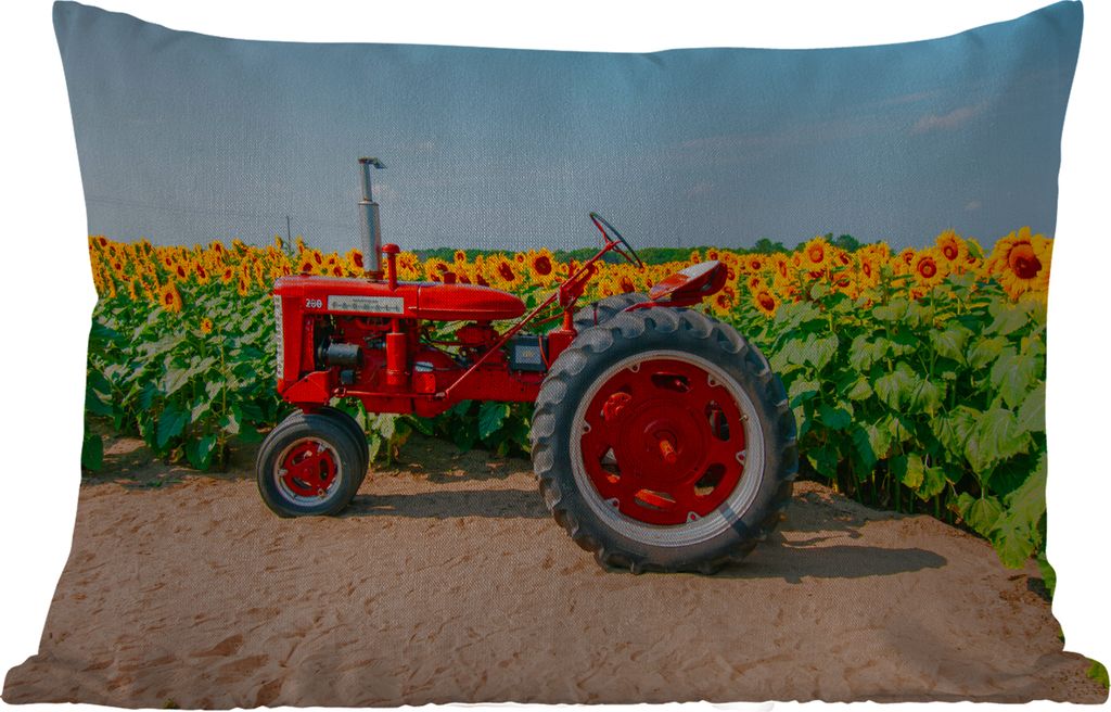 MuchoWow Outdoor Kissen - Traktor - Rot - Sonnenblume - Bauernhof - Blumen - 50x30 cm - Wetterfest - Lounge Kissen - Sofa kissen - Wohnzimmer Dek...