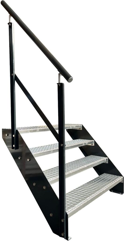 Gitterrost Stahl Wangentreppe 4 Stufen Verzinkt & Anthrazit Pulverlackierte Seiten + Geländer Links - (L x B x H) 82cm x 140cm x 76cm