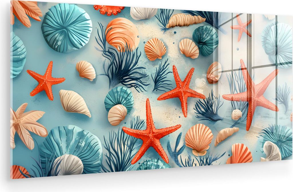 MuchoWow Glasbilder - Bilder auf Wandbild - Foto auf Glas Seesterne - Muscheln - Illustration - Sand 80x40 cm Wanddekoration aus Glas - Acrylglasbi...