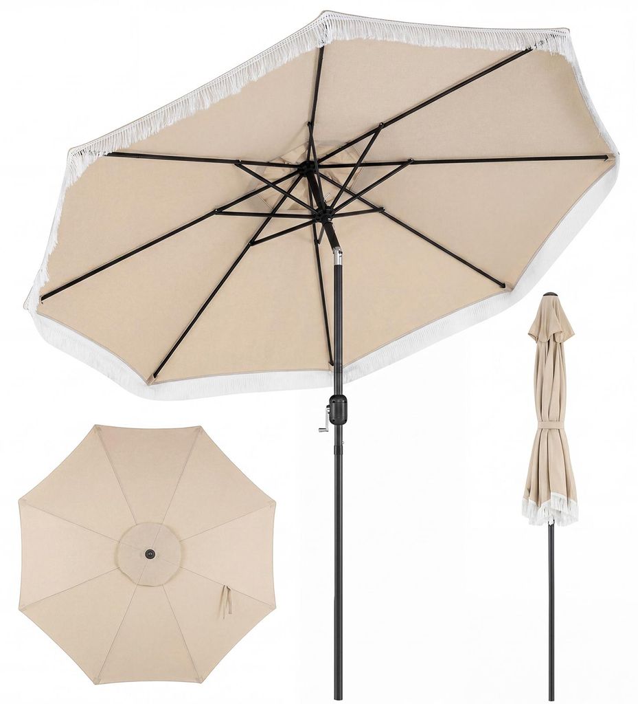 COSTWAY Sonnenschirm Boho, Gartenschirm Ø270cm sonnenschutz Marktschirm beidseitig um 30° knickbar, Balkonschirm mit Fransen & Kurbel, Terrassens...