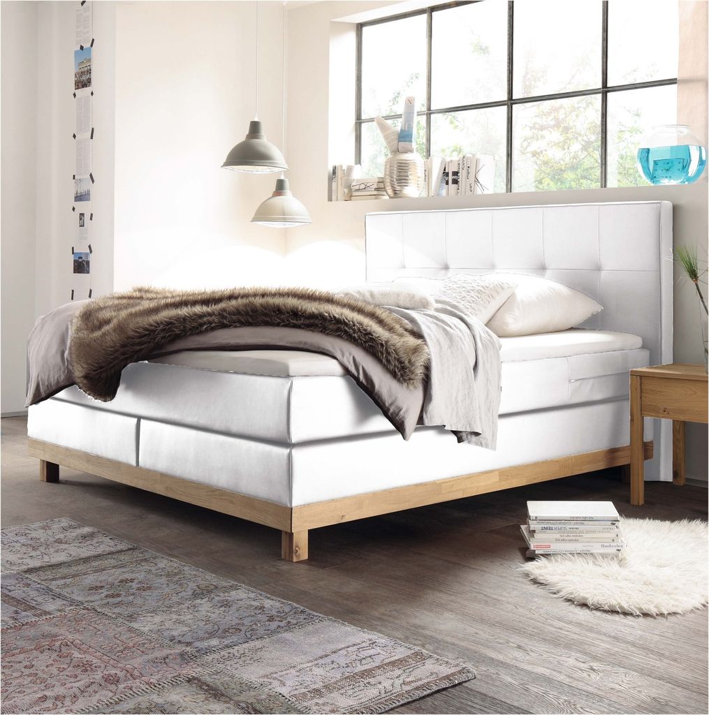 HASENA Boxspringbett Bella Eiche bianco|Kunstleder weiß 140x200 : Topper - Base (Liegekomfort: fest)