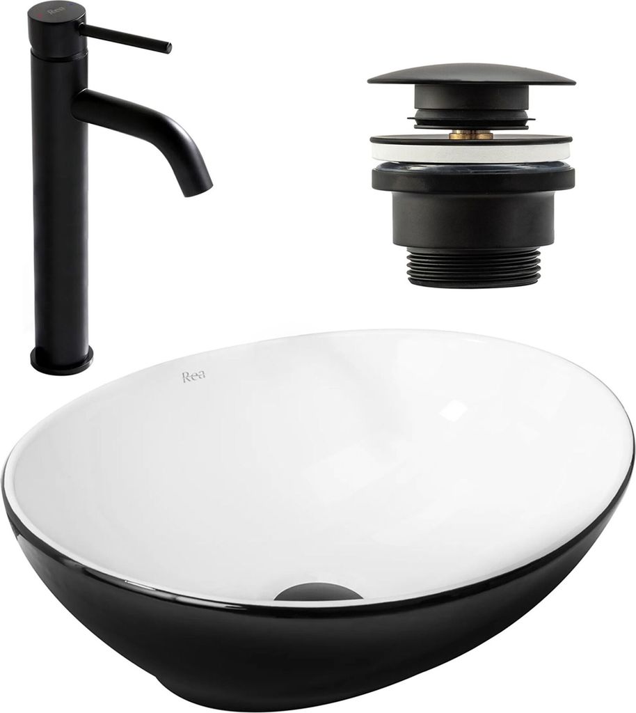 Rea Set von Aufsatzwaschbecken Sofia Black White + Waschbeckenarmatur Lungo Black Matt + Stöpsel Black Matt