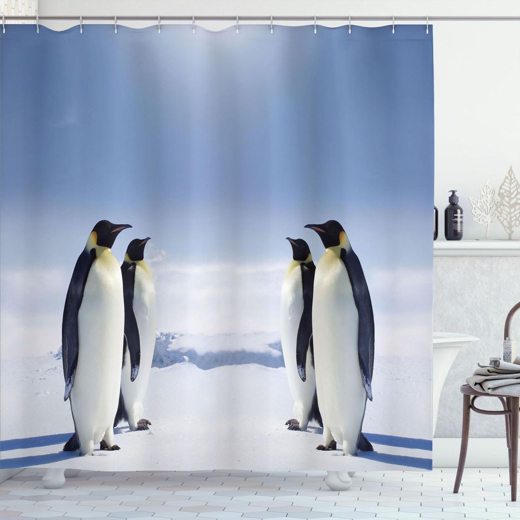 ABAKUHAUS Meerestiere Duschvorhang, Zwei Paare Pinguine, Die Bei South Sunny Antarctic Sich Gegenüberstellen, 175 x 200 cm, Lila grau Weiß Schwarz