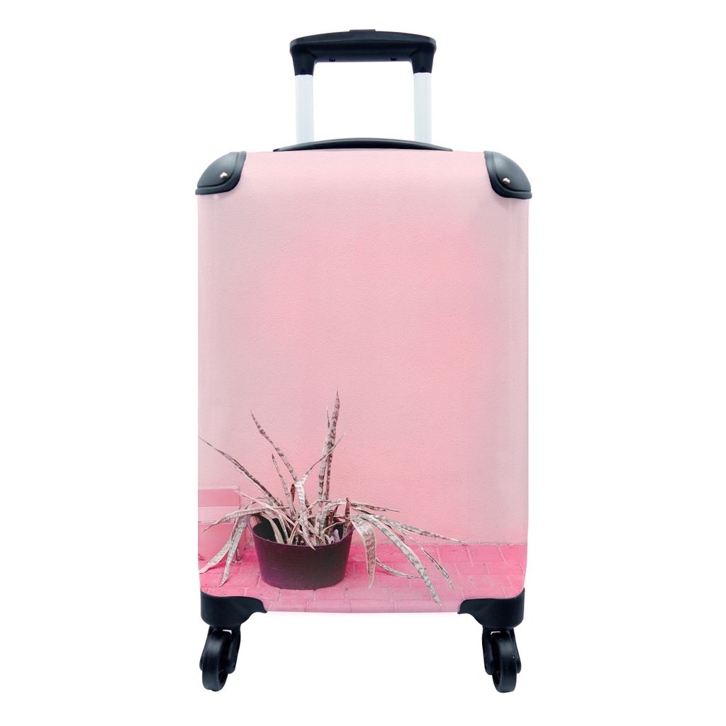 MuchoWow Koffer Handgepäck Trolley Rollkoffer Kleine Reisekoffer mit 4 Rollen - Sommer - Rosa - Pflanzen - Cabin Size < 55x40x23 cm & 55x40x20 c...