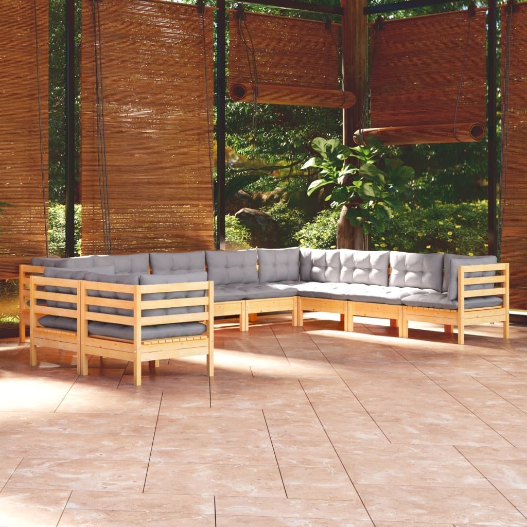 ZMH 10-tlg. Garten-Lounge-Set mit Grauen Kissen Massivholz Kiefer