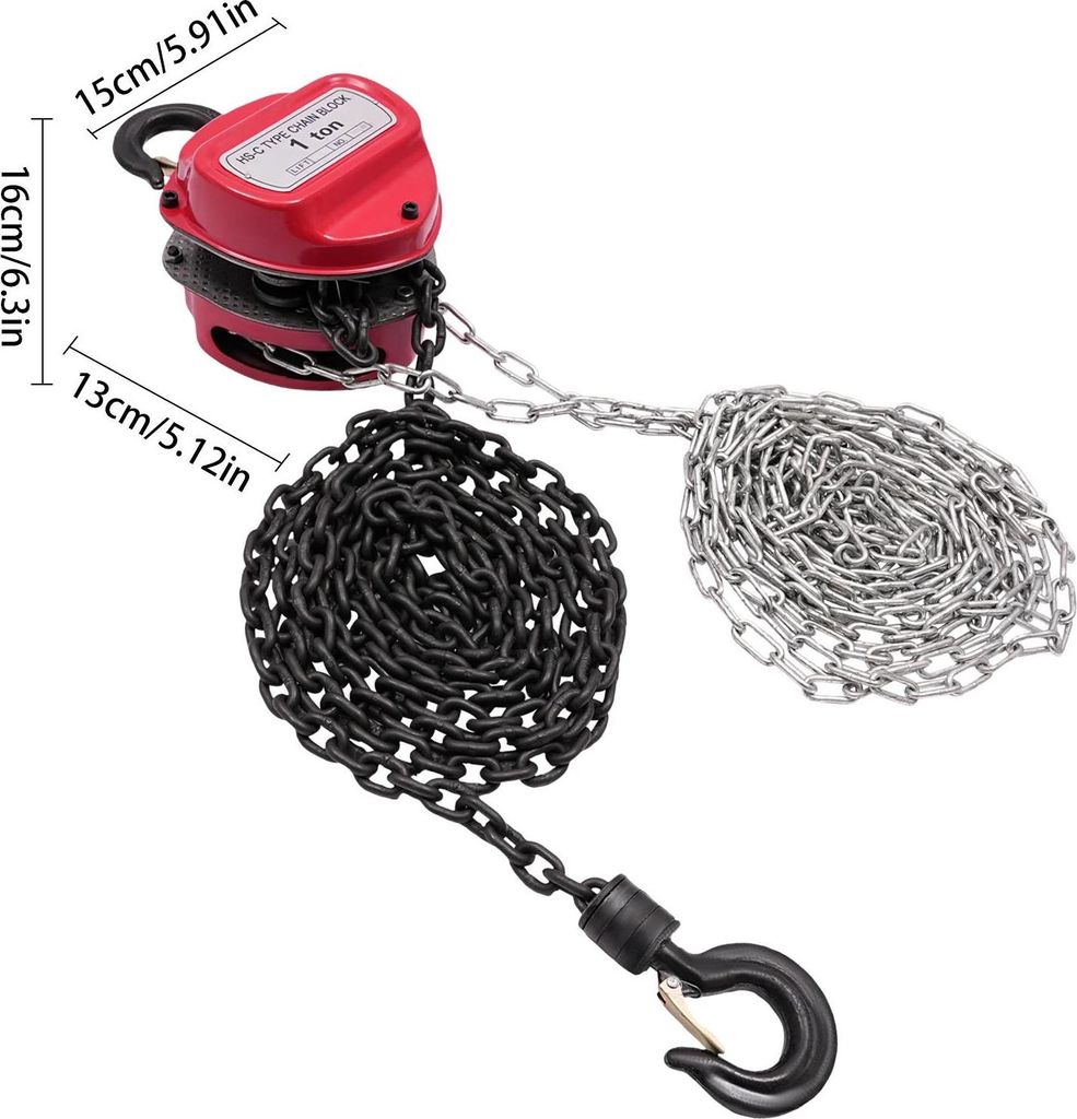 Handkettenzug - 1 t Kettenzug Schwerlast - G80 6 mm Kette - Hubhöhe 3,7 m - Kettenlänge 4 m - 360° Drehhaken - Rot