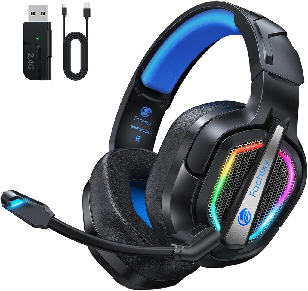 Over-Ear-Kopfhörer,2.4G mit Mikrofon für PS5, PS4,PC,Switch,Faltbarer Gaming Kopfhörer, Geringe Latenz Noise Cancelling,mit LED Licht,40H Akkula...