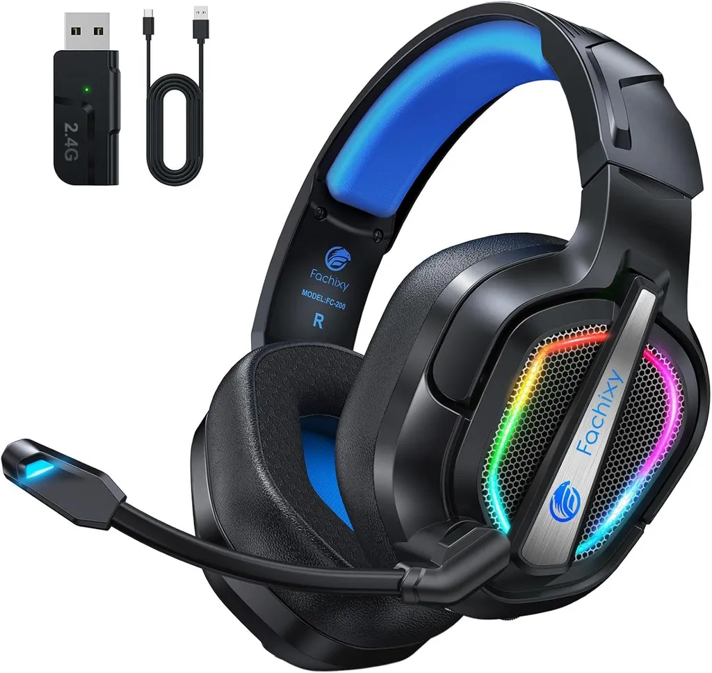 Cuffie over-ear, 2.4G con microfono per PS5, PS4, PC, Switch, cuffie da gioco pieghevoli, cancellazione del rumore a bassa latenza, con luce LED, durata della batteria 40H