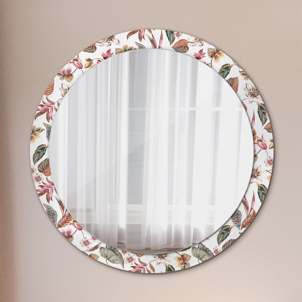 Runder Spiegel mit Modernem Aufdruck - Dekospiegel Wandmontage -Vintage Blumen- Ø90cm