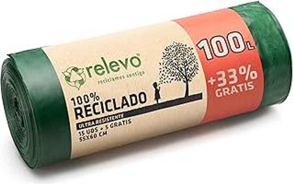 Relevo Grüne Müllbeutel mit Zugband – 100L (B 85 cm x H 105 cm), 13 Beutel pro Rolle | Extra Starke Müllsäcke | 100% Recyceltes LDPE aus Gew...