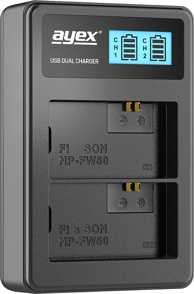 USB Dual Ladegerät für Sony NP-FW50 Akkus beleuchtetes Display Ladestandanzeige