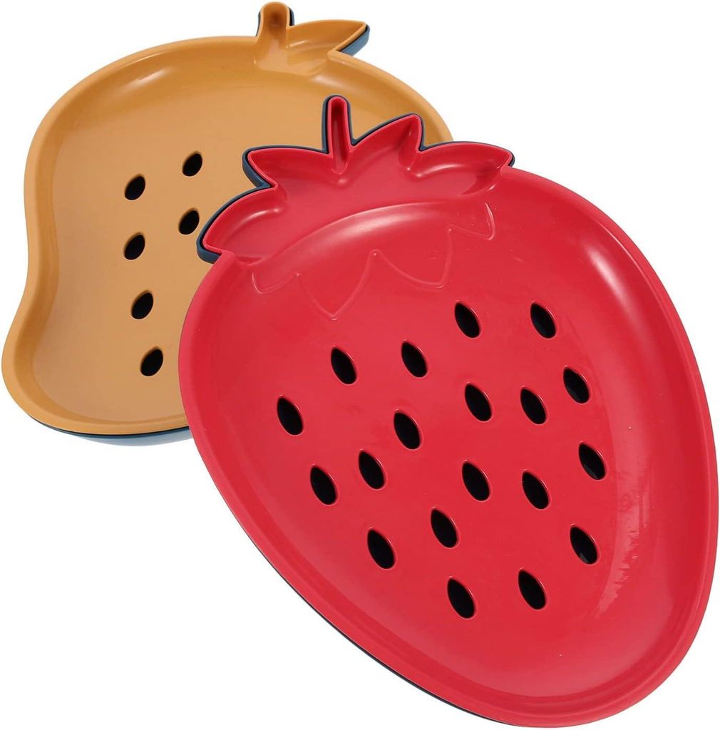 2er-Pack Abtropfschalen, Obstwaschkörbe, Erdbeerförmige Teller, Serviertablett mit Abtropfer, Küchensieb für Obst, Pasta, Reis - Rot und Gelb