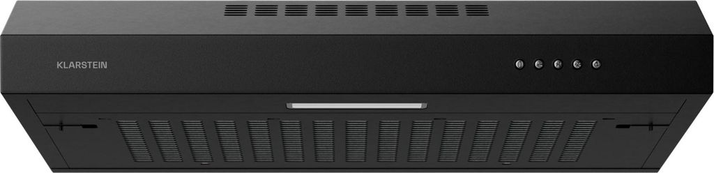 A black range hood is shown against a black background.